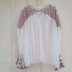 Free People Joyride White Embroidered Sheer Top Tunic Sz L Puffy  Slv Boho